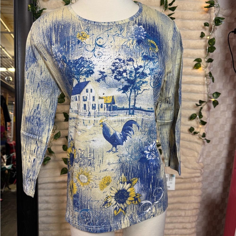 Artistic Blue and Yellow Long Sleeve Women's Top